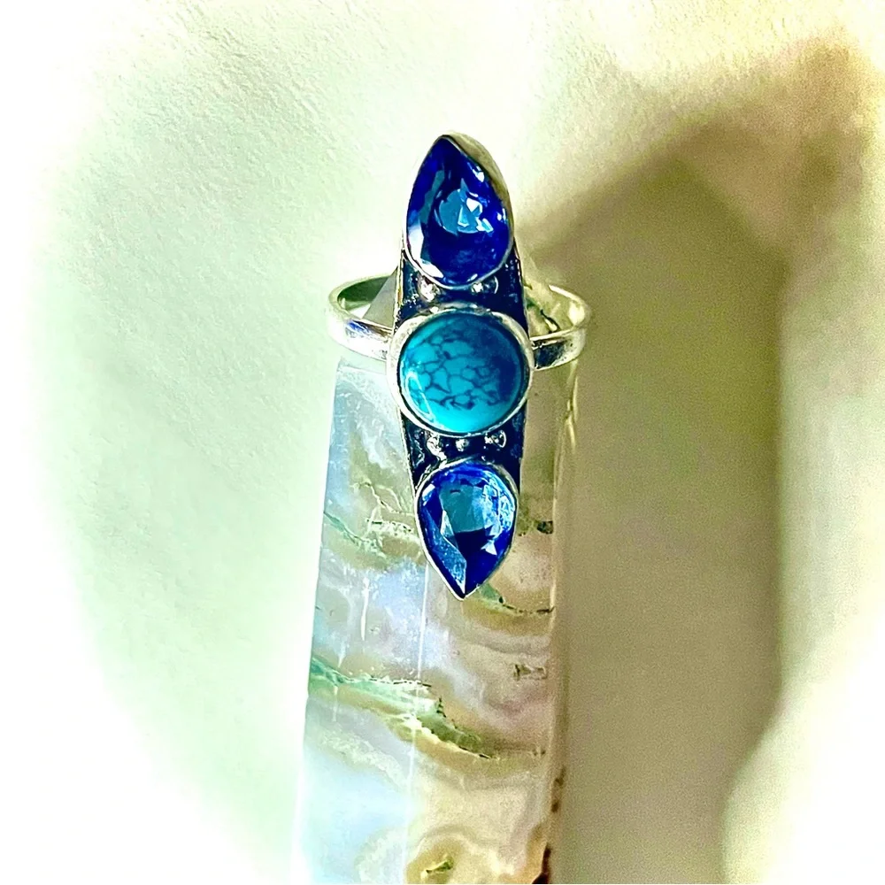 New 925 Sterling Silver Blue Imperial Topaz Turquoise Artisten 3 Tier Ring